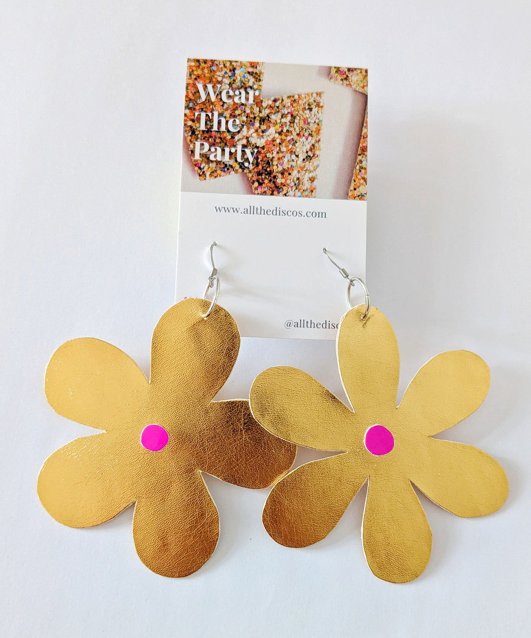 Large Spring Flower Dangle Earrings - Gold Leatherette Mixed Petal