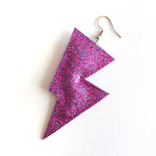 Load image into Gallery viewer, Purple Fine Glitter Disco Bolt Lightning Bolt Earrings
