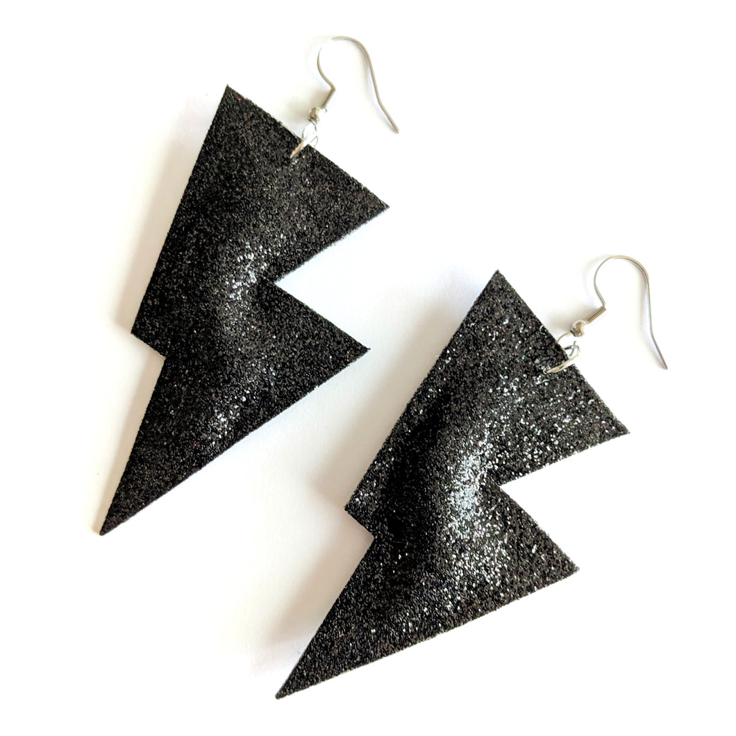 Black Fine Glitter Disco Bolt Lightning Bolt Earrings