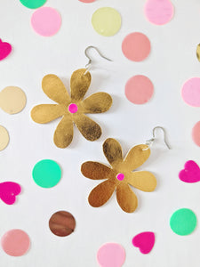 Medium Spring Flower Dangle Earrings - Gold Leatherette Petal