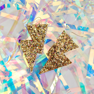 Crushed Pearl Gold Glitter Disco Bolt Lightning Bolt Earrings