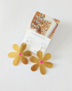 Medium Spring Flower Dangle Earrings - Gold Leatherette Petal