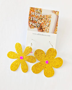Medium Spring Flower Dangle Earrings - Gold Glitter Petal