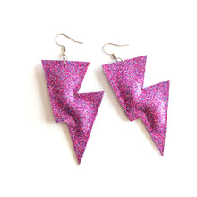 Load image into Gallery viewer, Purple Fine Glitter Disco Bolt Lightning Bolt Earrings
