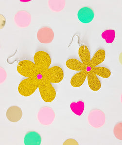 Medium Spring Flower Dangle Earrings - Gold Glitter Petal