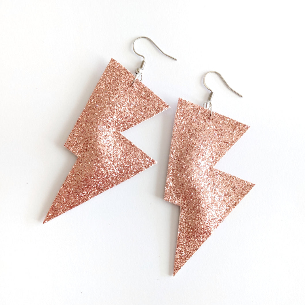 Rose Gold Fine Glitter Disco Bolt Lightning Bolt Earrings