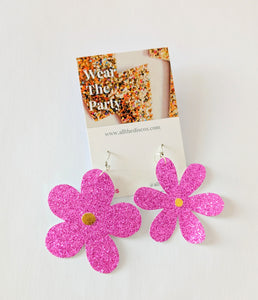 Medium Spring Flower Dangle Earrings - Pink Glitter Mixed Petal