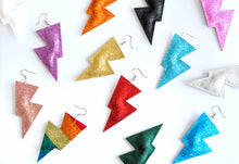 Load image into Gallery viewer, Red Fine Glitter Disco Bolt Lightning Bolt Earrings
