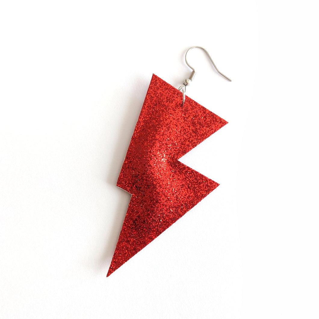 Red Fine Glitter Disco Bolt Lightning Bolt Earrings