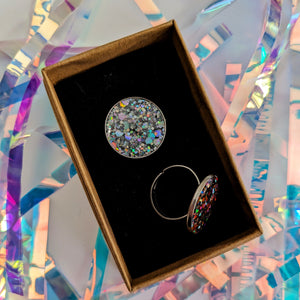 Statement Glitter Disc Ring - Holographic Silver