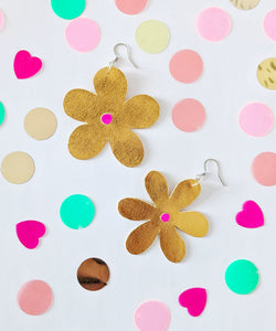 Medium Spring Flower Dangle Earrings - Gold Leatherette Petal