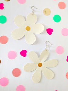 Large Spring Flower Dangle Earrings - White Glitter Mixed Petal