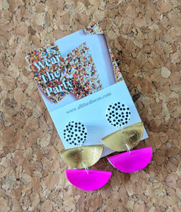 Spot, Gold, Pink Fan Statement Stud Dangle Earrings
