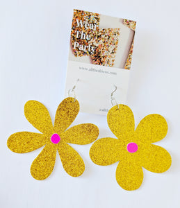 Large Spring Flower Dangle Earrings - Gold Glitter Mixed Petal