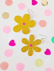 Medium Spring Flower Dangle Earrings - Gold Glitter Petal
