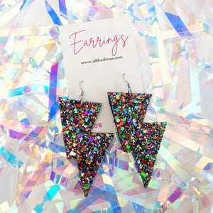 Deep Purple Glitter - Disco Bolt Lightning Bolt Earrings