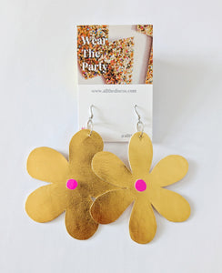 Large Spring Flower Dangle Earrings - Gold Leatherette Mixed Petal