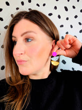 Load image into Gallery viewer, Pink, Spot, Gold Fan Statement Stud Dangle Earrings
