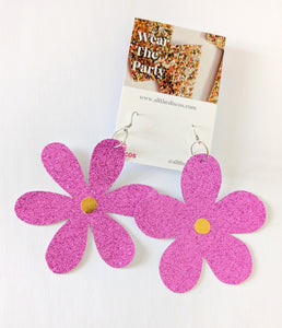 Large Spring Flower Dangle Earrings - Pink Glitter Mixed Petal