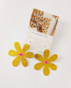 Medium Spring Flower Dangle Earrings - Gold Glitter Petal