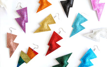 Load image into Gallery viewer, Orange Fine Glitter Disco Bolt Lightning Bolt Earrings
