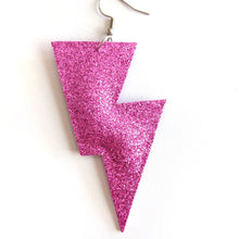 Load image into Gallery viewer, Pink Fine Glitter Disco Bolt Lightning Bolt Earrings
