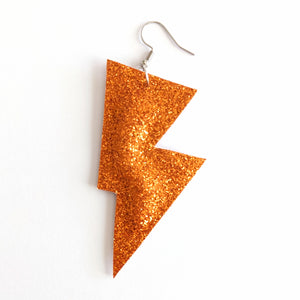 Orange Fine Glitter Disco Bolt Lightning Bolt Earrings