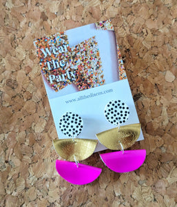 Spot, Gold, Pink Fan Statement Stud Dangle Earrings