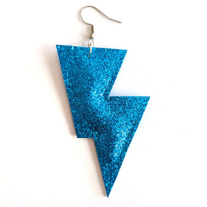 Blue Fine Glitter Disco Bolt Lightning Bolt Earrings