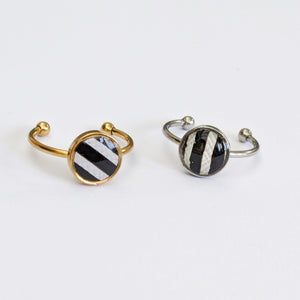 Small Fabric Open Rings - Black and White Stripe