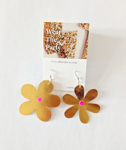 Medium Spring Flower Dangle Earrings - Gold Leatherette Petal
