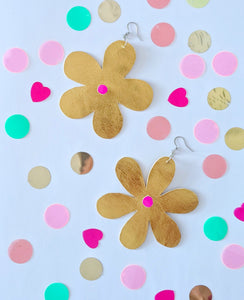 Medium Spring Flower Dangle Earrings - Gold Leatherette Petal