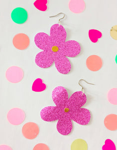 Medium Spring Flower Dangle Earrings - Pink Glitter Mixed Petal
