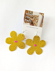 Medium Spring Flower Dangle Earrings - Gold Glitter Petal