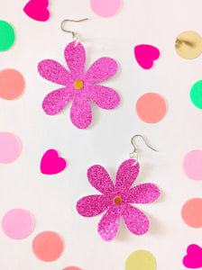 Medium Spring Flower Dangle Earrings - Pink Glitter Mixed Petal
