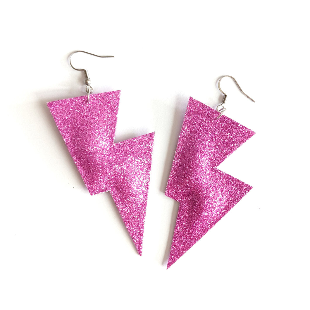 Pink Fine Glitter Disco Bolt Lightning Bolt Earrings