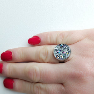 Statement Glitter Disc Ring - Holographic Silver