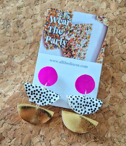 Pink, Spot, Gold Fan Statement Stud Dangle Earrings