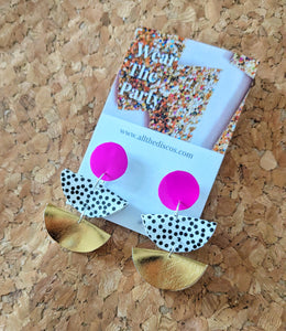 Pink, Spot, Gold Fan Statement Stud Dangle Earrings