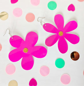 Large Spring Flower Dangle Earrings - Patent Pink Mixed Petal
