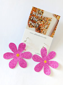 Medium Spring Flower Dangle Earrings - Pink Glitter Mixed Petal