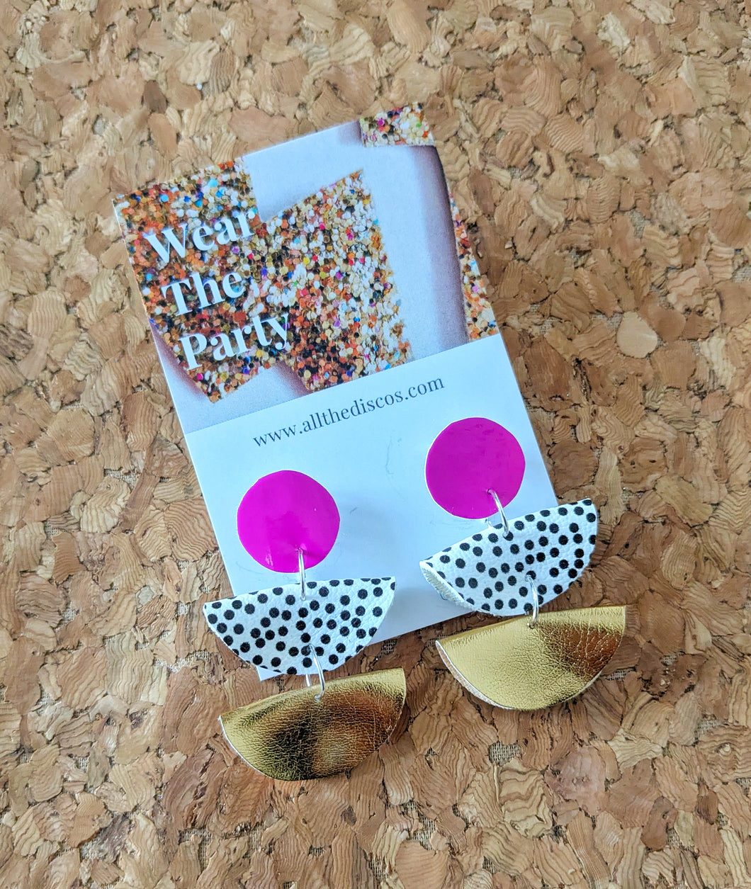 Pink, Spot, Gold Fan Statement Stud Dangle Earrings