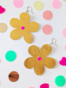 Medium Spring Flower Dangle Earrings - Gold Leatherette Petal
