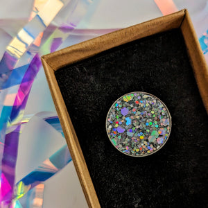 Statement Glitter Disc Ring - Holographic Silver