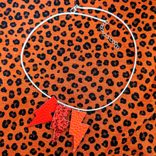 Load image into Gallery viewer, Disco Bolt Triple Bolt Pendant Necklace - Matte Red, Orange and Glitter Red
