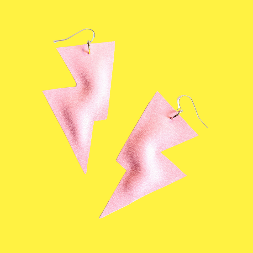 Pink Smooth Leatherette Disco Bolt Lightning Bolt Earrings