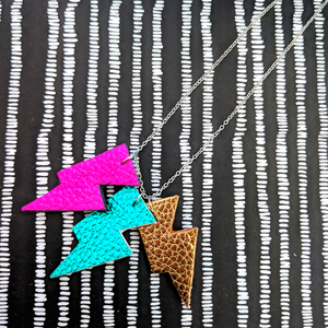 Disco Bolt Triple Bolt Pendant Necklace - Metallic Pink, Gold and Teal
