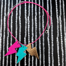 Load image into Gallery viewer, Disco Bolt Triple Bolt Pendant Necklace - Metallic Pink, Gold and Teal
