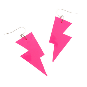 Neon Pink Patent Leatherette - Mini Disco Bolt Lightning Bolt Earrings