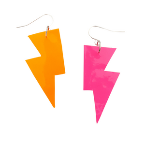 Mini Disco Bolt Lightning Bolt Earrings - Neon Pink and Orange